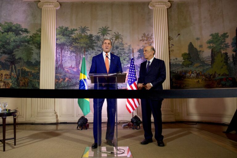 John Kerry Stands With Brazil Foreign Minister Serra Following a Bilateral Meeting
