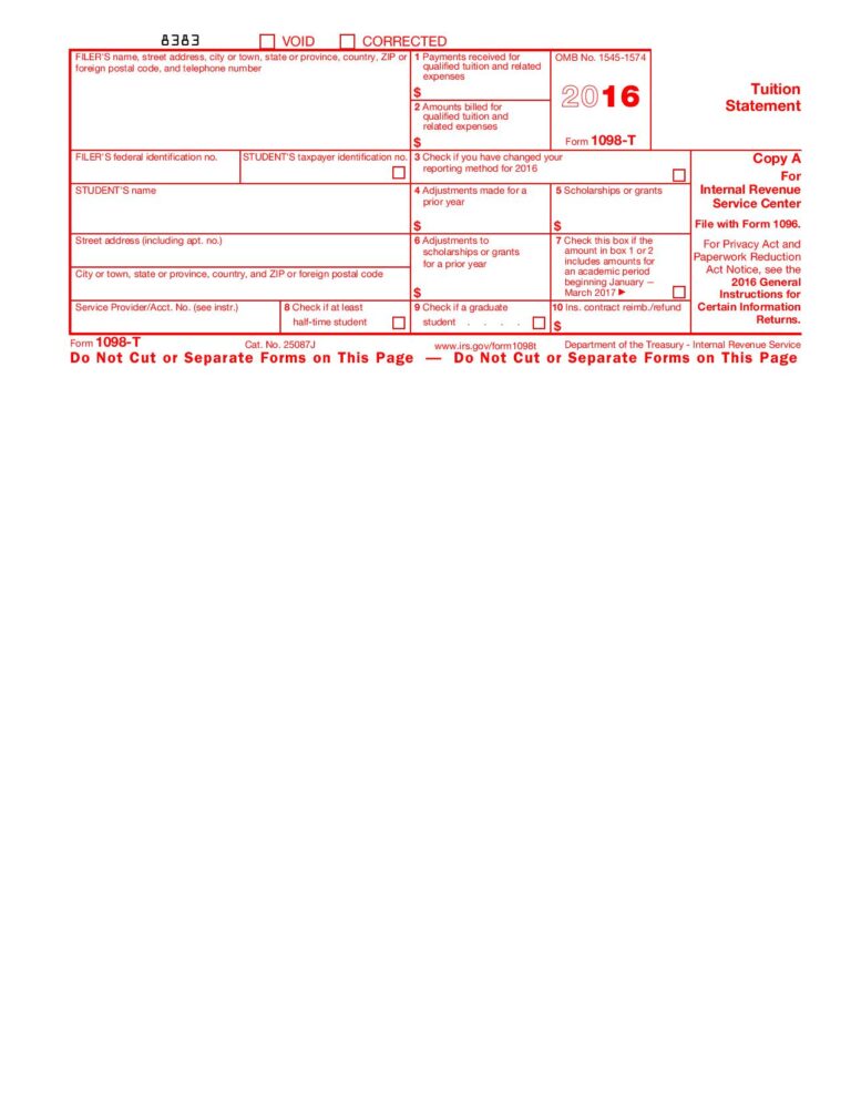 IRS tax form 1098-T (2016)